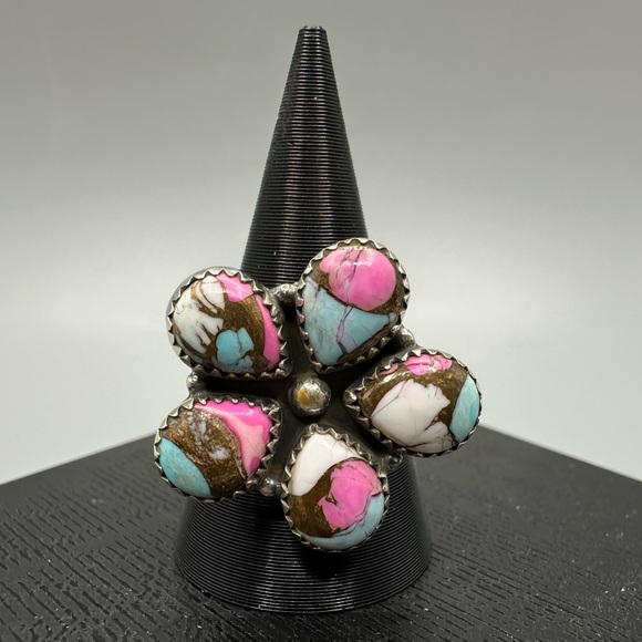 Cotton Candy Dahlia Turquoise Sterling Silver 925 Adjustable Ring Handmade